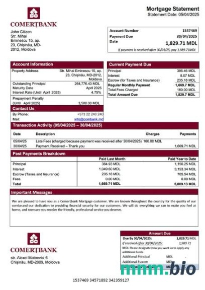 Mołdawia Comertbank wyciąg z kredytu hipotecznego szablon Word i PDF